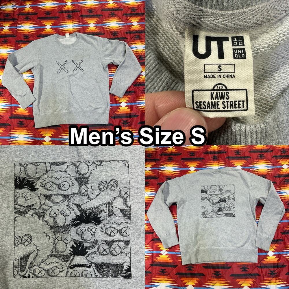 Uniqlo Kaws Sesame Street Crewneck Sweater Gray XX Embroidered Men’s Sz Small